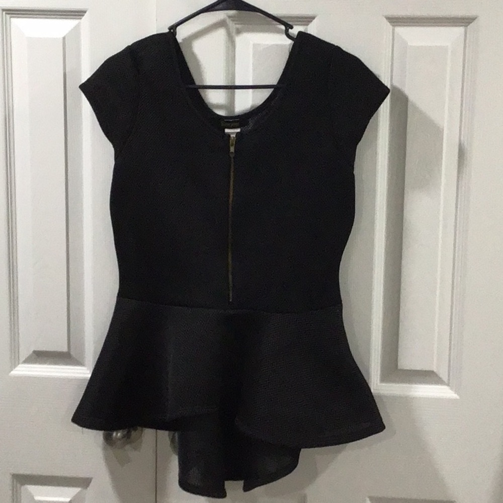 Black Asymmetrical Peplum Cap Sleeve Blouse